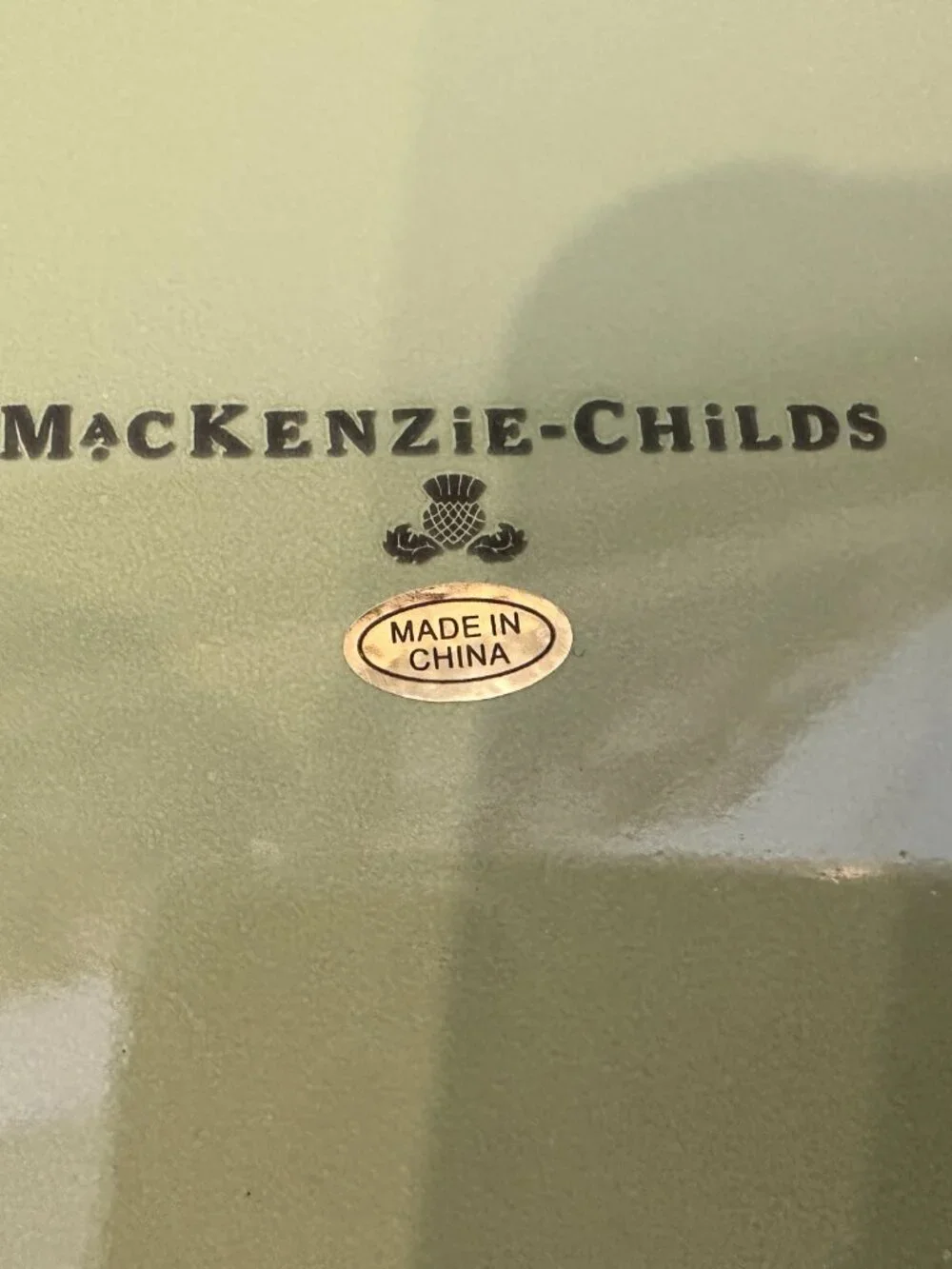 Mackenzie Child Green Flower Market Squashed Enamel Metal Pot Retired Blue Ring